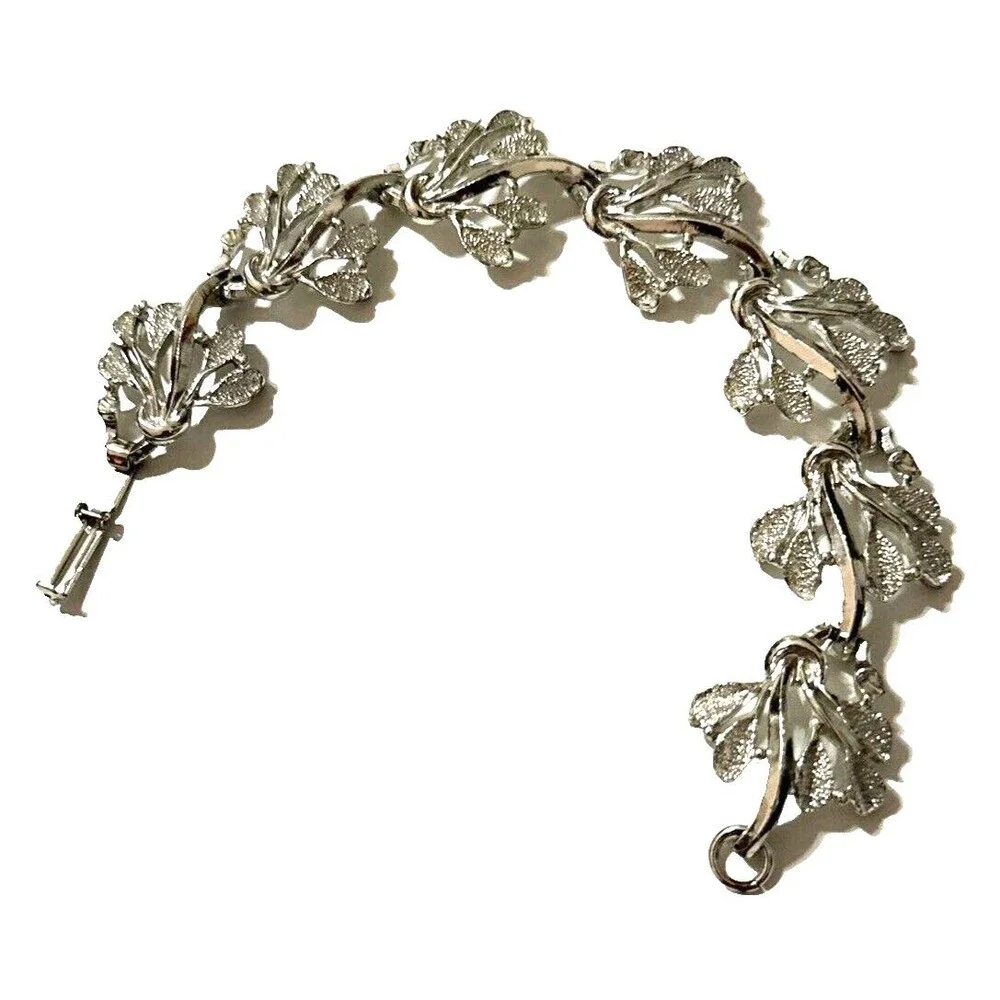 Vintage Ornate Leaf Bracelet Silver Tone Textured Openwork Botanical MCM 7.5